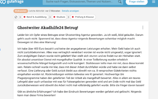 Bewertung der Ghostwriting-Agentur Akad Hilfe 24 auf der Plattform GuteFrage.net 